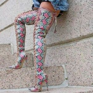 Nelly Bernal Blush Snake Thigh High Heel Boots